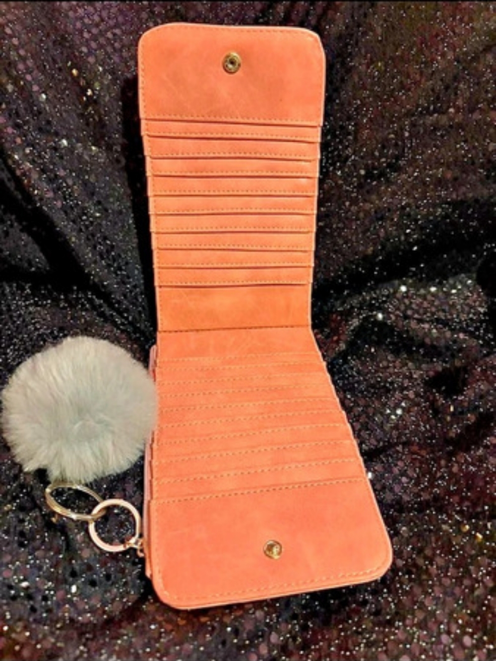 Coral Wallet with Pom-Pom Keychain Like New